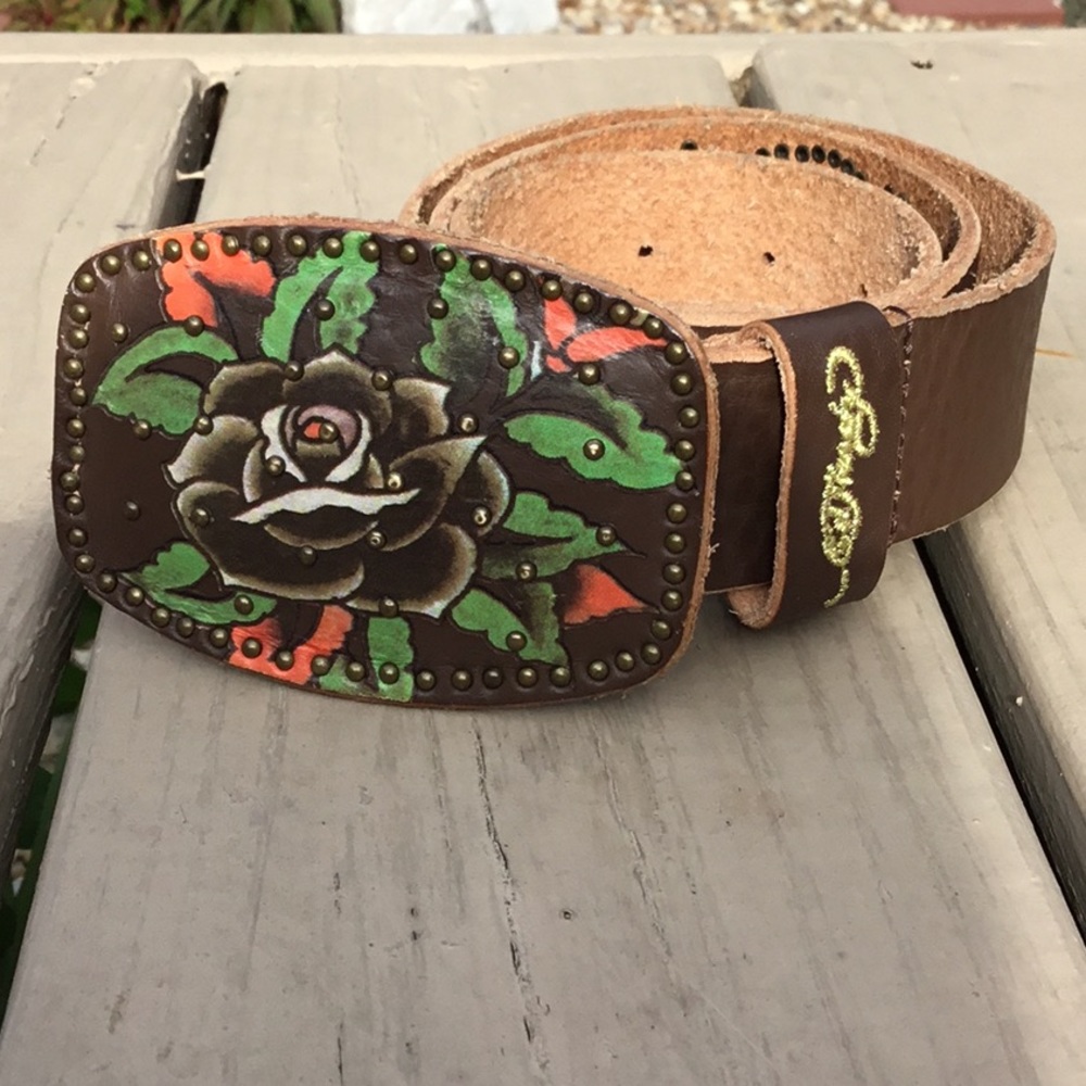 Ed Hardy Genuine Leather Belt Rose Graphic Buckle